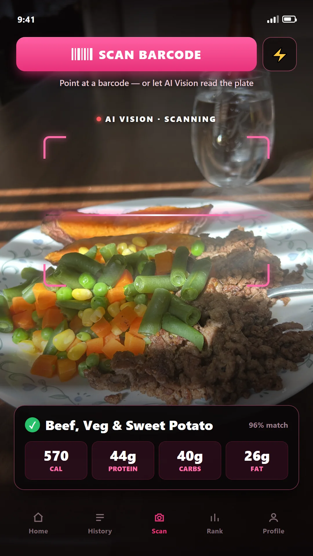 Food scan screen — AI Vision reading a meal and logging calories and macros