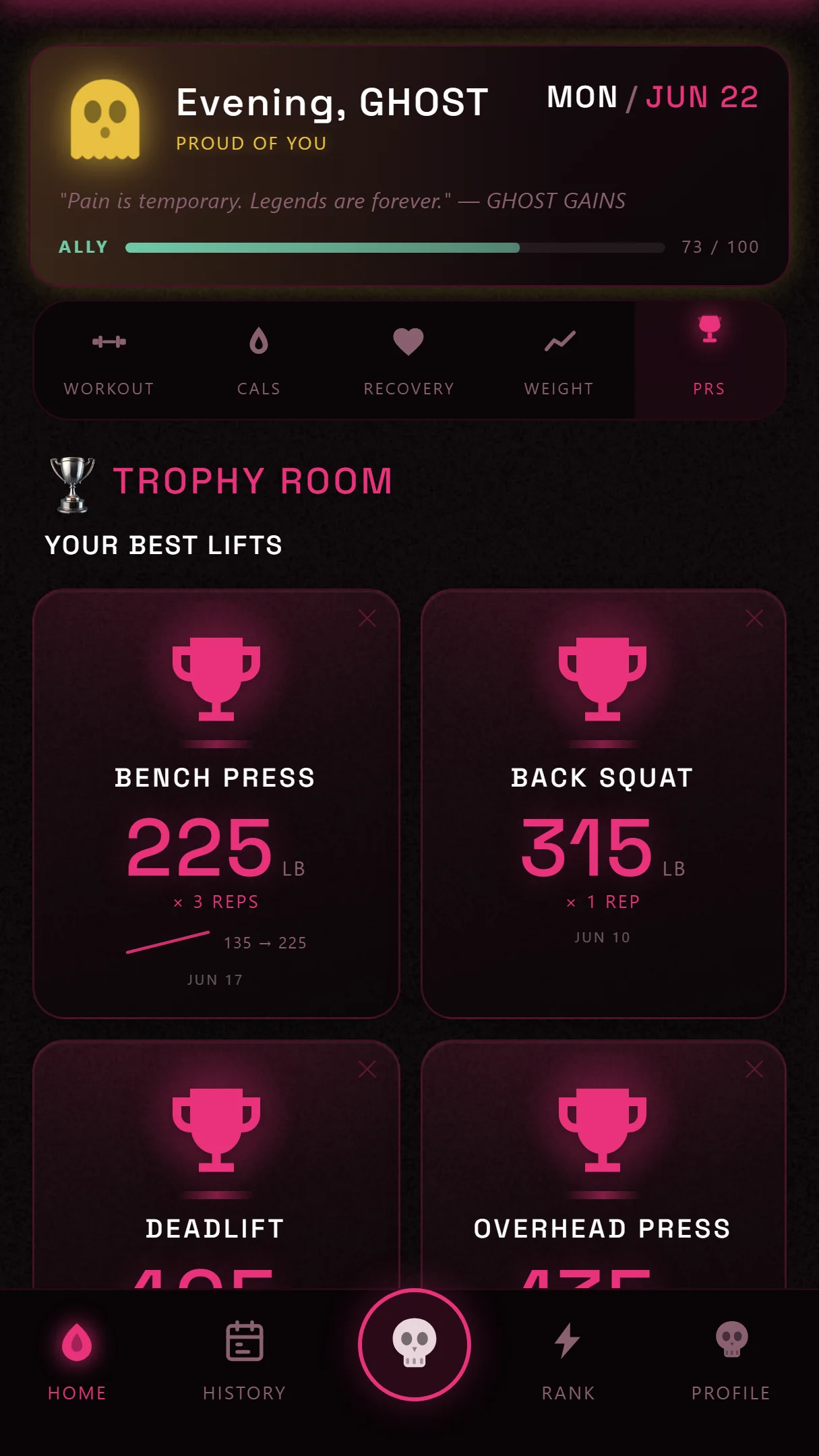 Progress screen — the PR wall of best lifts