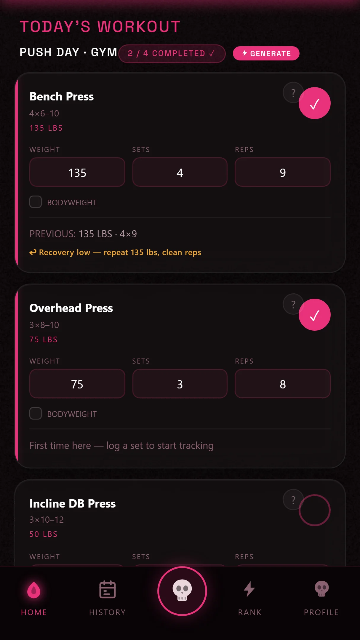 Auto-built Push Day workout screen